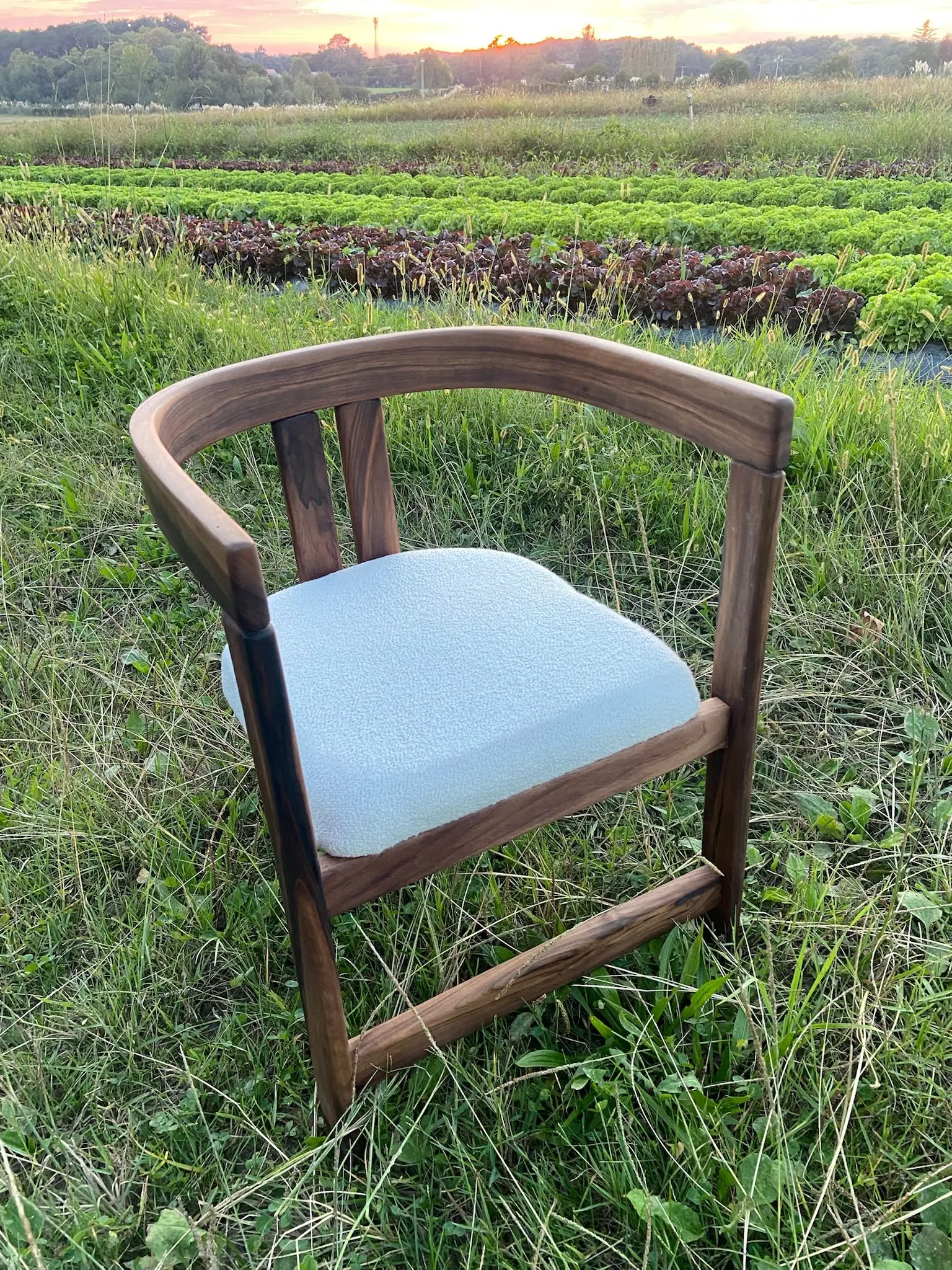 Fauteuil en bois foncé à dossier arrondi et assise blanche